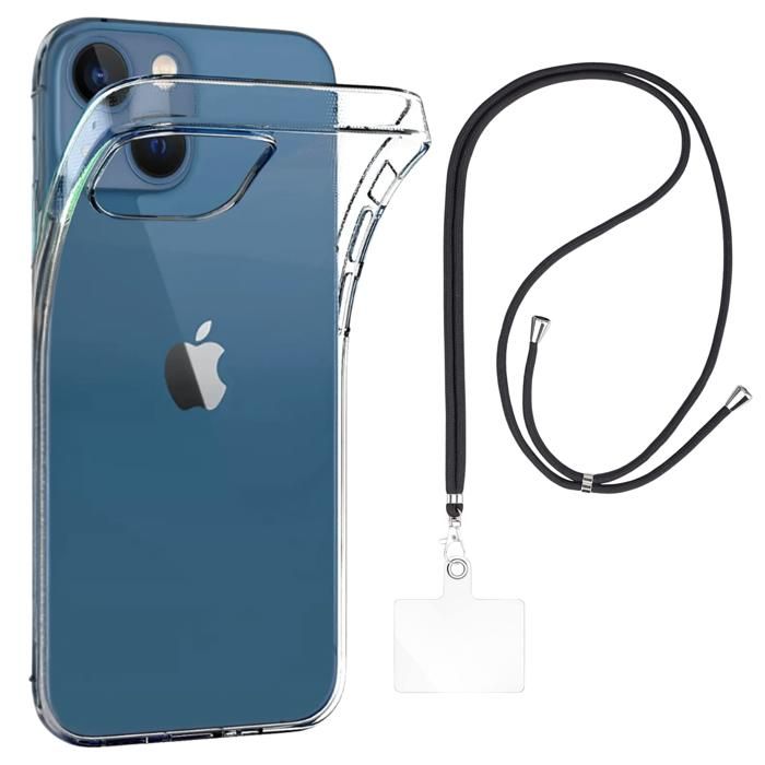 Case and Neck Strap for iPhone 14 - Transparent Soft TPU Adjustable Black Cord Phonillico®