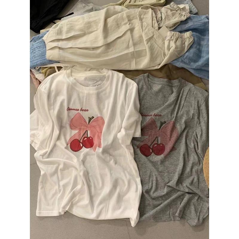 Women's Cherry Bow Print T-shirt Casual Short Sleeve Crew Neck Summer Top