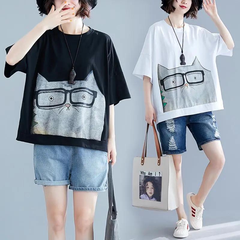 Tricou supradimensionat cu imprimeu pisică de desene animate Kawaii, Tricouri grafice Femei, Bumbac larg, Mânecă scurtă, Tricou de vară casual, Topuri