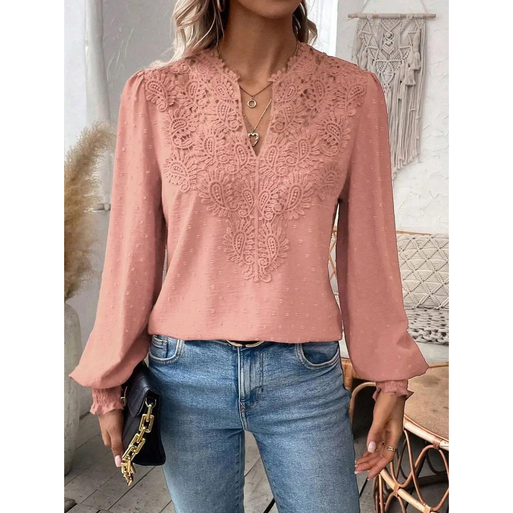 Lace Hollowed V-Neck Shirt Women Solid Color Long Sleeve Top Office Lady Elegant Daily Blouse