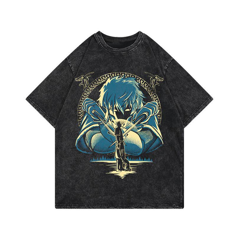 

ВИНЛАНДСКАЯ САГА Футболка в стиле ретро с эффектом стирки - Свободный крой, Короткий рукав, Летний принт XL