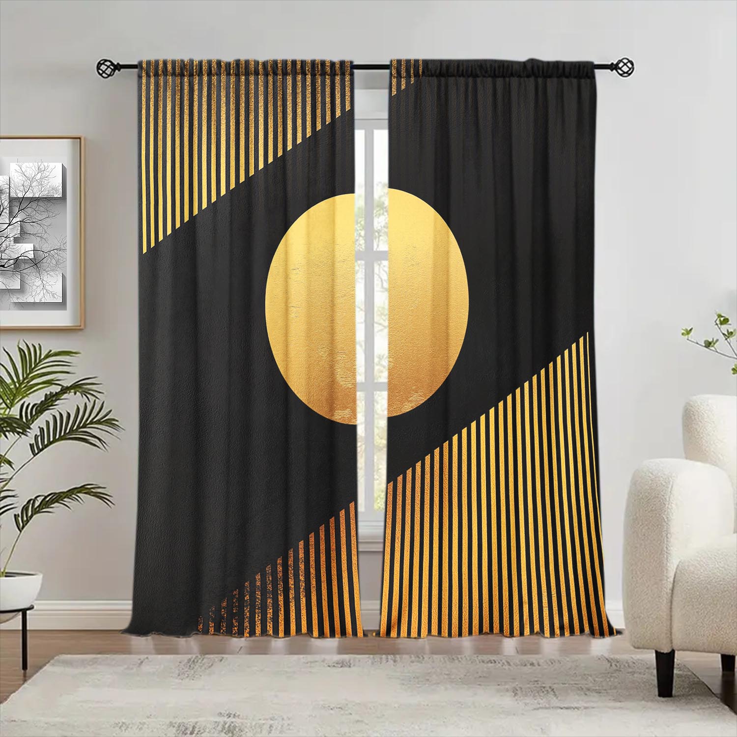 

Modern Piece Japanese Geometric Curtains Minimalist Sunshade Privacy Protected Pole Curtain Polyester W100*H70(CM)-Grommet top&2PCS