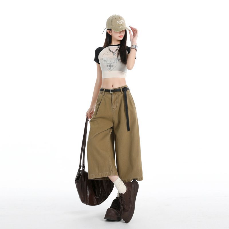 Street Style Washed Pleated Pocket Casual Pants For Women Loose Wide Leg Cropped Capri Pants Versatile Loose Straight Slimming FigureFlattering Design
