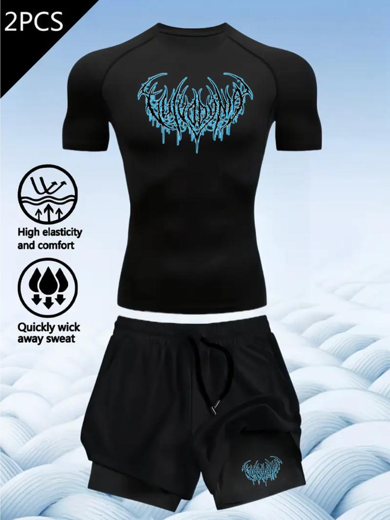 2D printed T-shirt men's summer two-piece sportswear running T-shirt elastic quick-drying sports top sports fitness shirt men's
