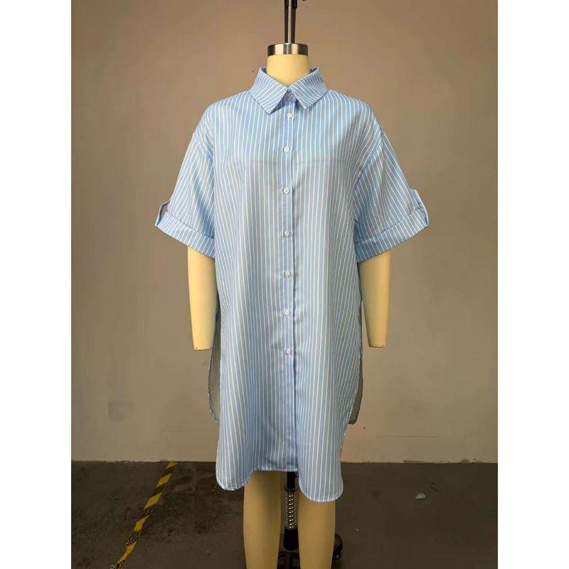 

Western Style Stripe Loose Shirts Mid-Length Single-Breasted Shirt Loose Medium Length Shirt Blue 2XL