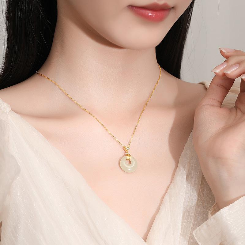 Tichiya S925 Sterling Silver Ping'an Buckle Necklace for Women - New Chinese Style Hetian Jade Clavicle Chain