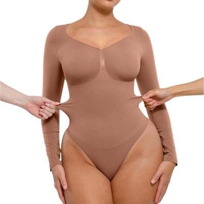 Damen Slim-fit Langarm Nahtloser Body mit V-Ausschnitt und Hochelastischem Bauchkontroll-Tanga-Design - Dunkel