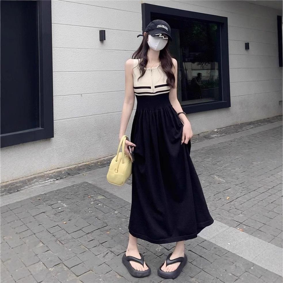 Striped vest dress women's summer Xiaoxiangfeng waist thin splicing contrasting color sleeveless long skirt knitted bottoming skirt