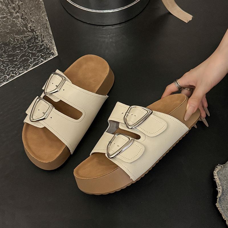 

Romantic vacation style~! Seaside French lazy ins summer leather cool slippers women s breathable soft bottom one-word slippers 40