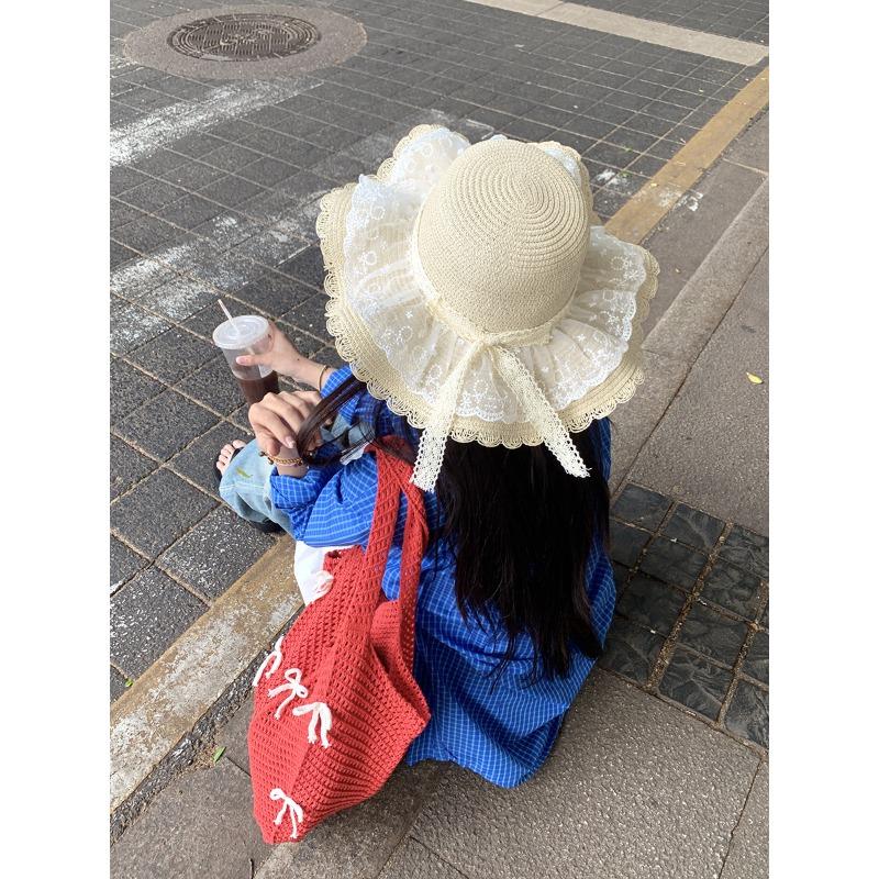 Straw hat women's new summer lace bow straw hat travel sunscreen hat beach seaside big brim