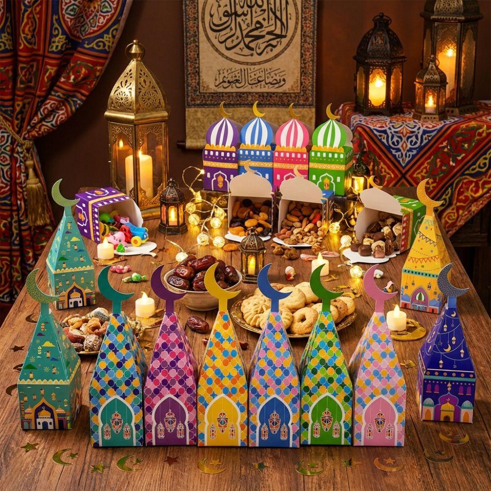 12Pcs Paper Eid Mubarak Gift Box Moon Castle Pattern Moon Lantern Box  Ramadan Celebration