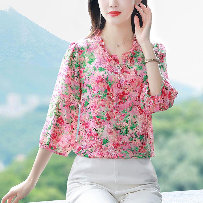Nine Quarter Sleeve Chiffon Shirt Women Loose Fitting Mother's Bottoming Blouse Floral Top M-4XL