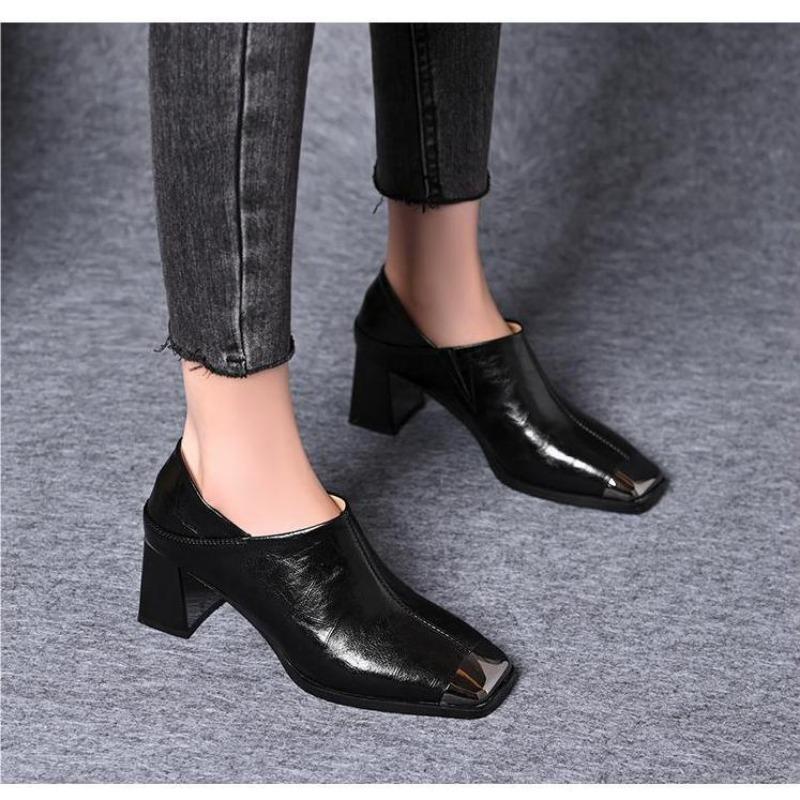 Elegant Pumps Short Boots Women's Ankle High Heels Soft Leather Slippers Woman Deep Mouth Metal Head Thick Heel Shoes Loafers