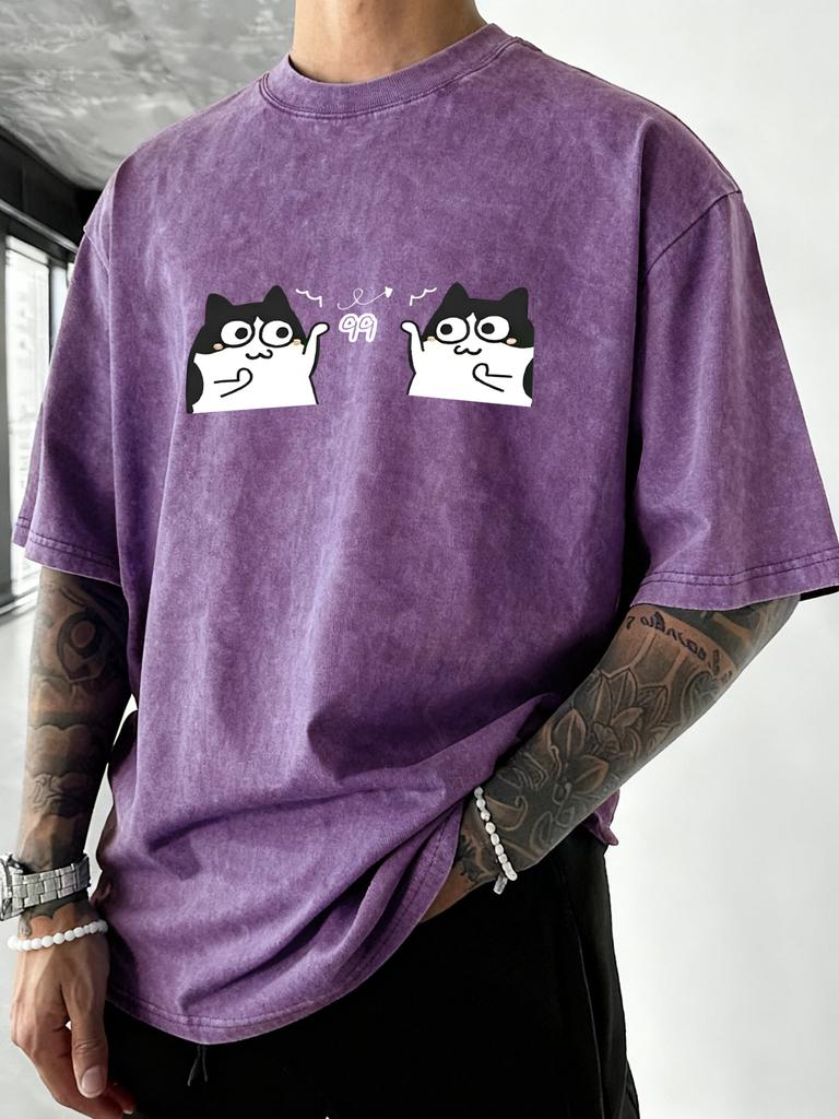 Cute Cartoon Cats Print Men Washed TShirts Cotton Vacation T Shirt Loose Soft Short Sleeves Summer Crewneck Man Streetwear