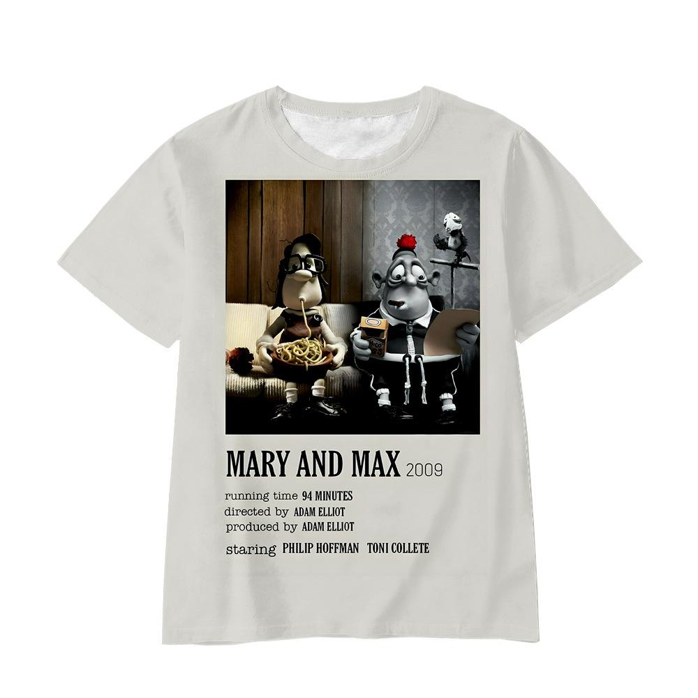 Top s 3D potiskem Mary a Maxe s kulatým výstřihem, ležérní chlapecké tričko s krátkým rukávem - Měkká středně pružná polyesterová tkanina, letní oblečení s volným střihem