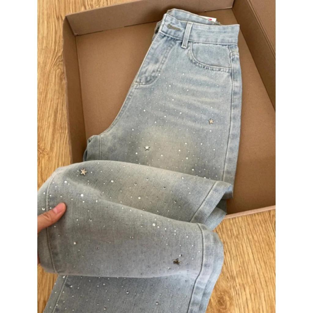 STREETRICH New Design Light Blue Beaded Straight Denim Pants for Women High Waist Slimming Wide Leg Long Pants