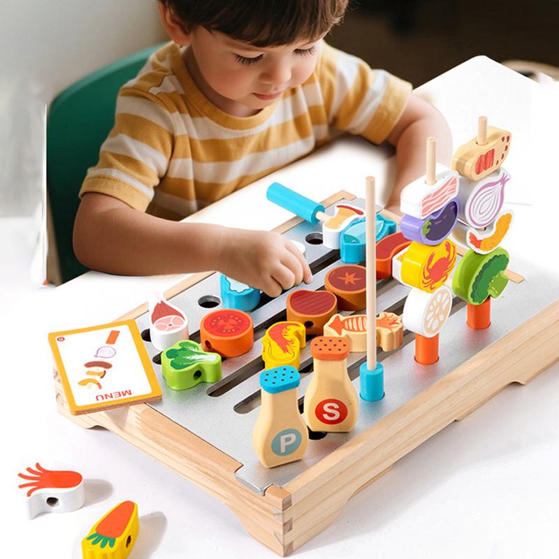 Montessori Wooden Pretend Play Kitchen Toys Dessert Puzzle Toys Simulation Barbecue Pretend Role Indoor Game For Toddlers Age 3+