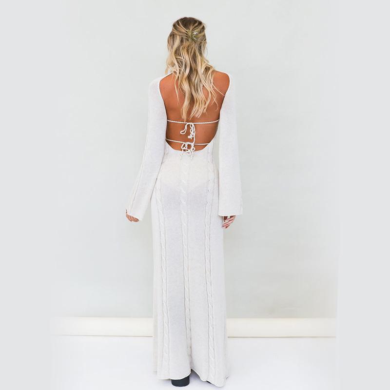 Women's Knitted Backless Dress Beach Blouse Long-sleeved Slim Exterior Skirt
