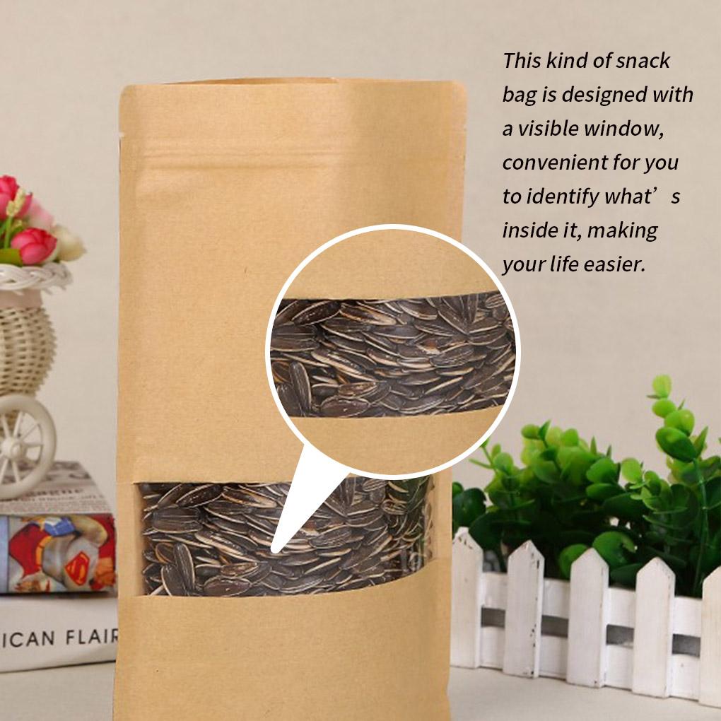 10pcs Kraft Paper Bags Zip Lock Brown With Window Stand Up Resealable Grip