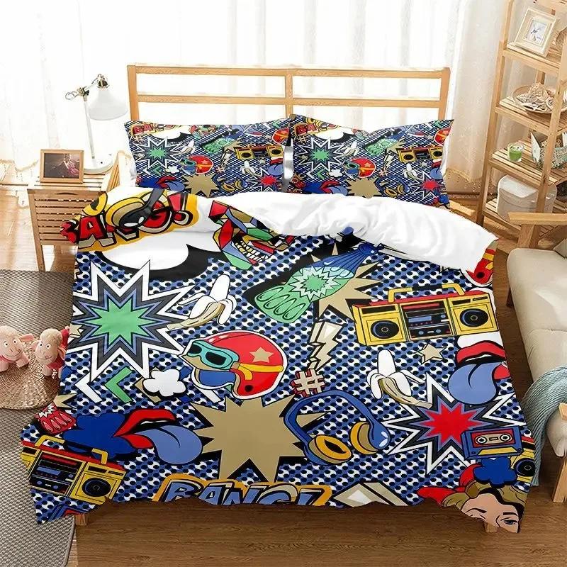 Graffiti Duvet Cover Set Cute Hip Hop Style Polyester Comforter Cover with Pillowcase Queen Full Size for Kid Teen Bedding Set