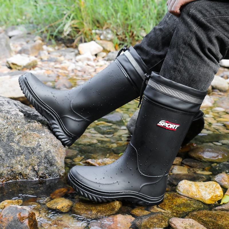 Rain Boots Men's Medium Tube Fashion Outdoor Waterproof and Non-slip Thickened Rain Shoes Fishing Water Shoes Velvet Thermal Rubber Shoes Water Boots