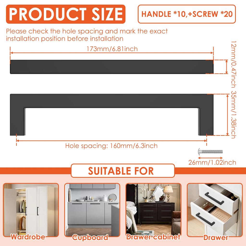 10Pcs Stainless Steel Cabinet Handle Black Modern Square Bar Drawer Handle With 160mm Hole Spacing for Kitchen Bedroom Bathroom