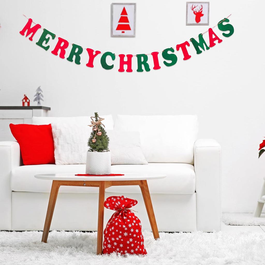 Merry Christmas Banner Red Green Wool Felt Garland Christmas Decorations Indoor Happy Holiday Decorations Cute Hanging Decor for Mantel Fireplace