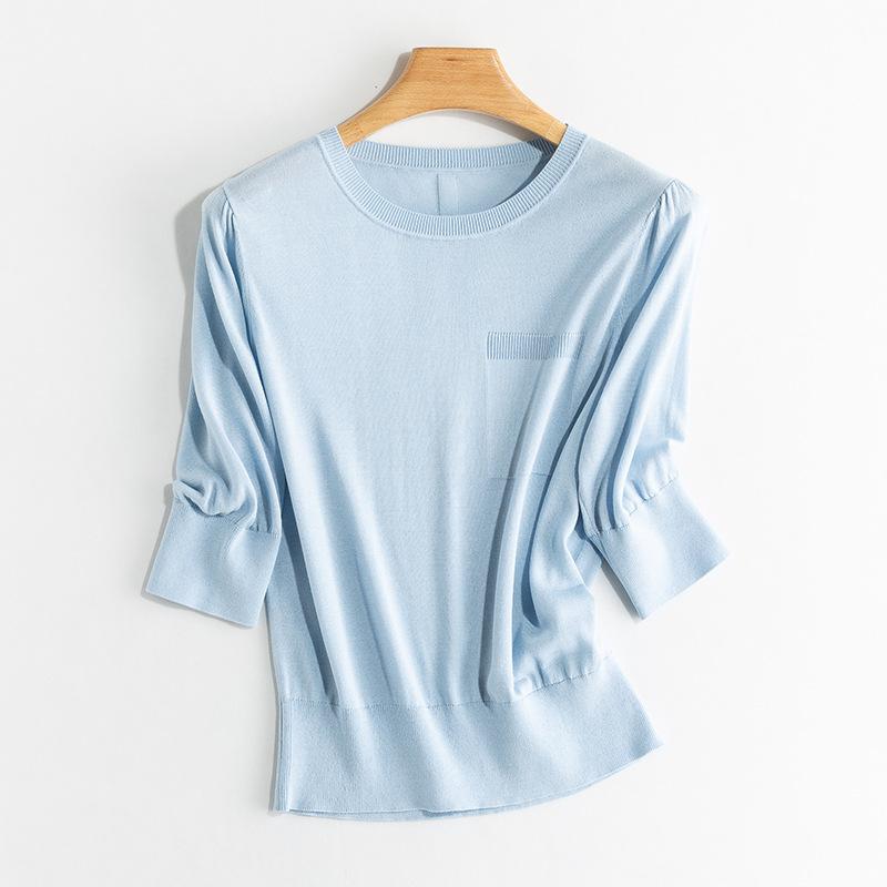 Summer new mulberry silk thin and versatile basic five-quarter-sleeved medium-sleeved knitted sweater solid color thin round neck shirt women