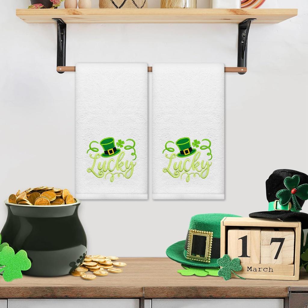 Hexagram St Patricks Day Hand Towels for Bathroom Set of 2, St Patricks Day Bathroom Decor Embroidered Lucky Green Hat Shamrock Pattern, Soft Luxury
