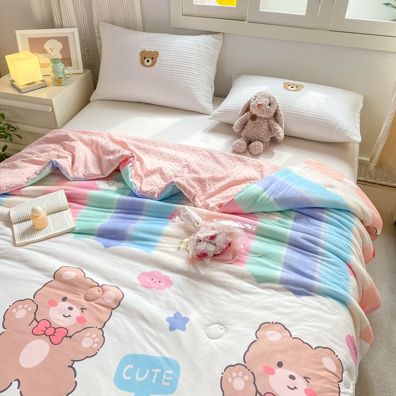 Cartoon Rainbow Bear Summer Quilt 100% Cotton Air Conditioning Thin Quilt for Kids Teens Multi-functional Nap Quilted Quilt