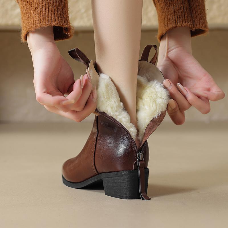 Krazing Pot Cow Split Skin Autumn Winter Shoes Wool Chunky Heels Size 43 Size 42 Pointed Toe Zip Fur Ankle Boots