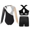 Girls Dance Performance Set Mesh Long Sleeve Leotard Keyhole Back Contrast Color Metallic Vest Shorts