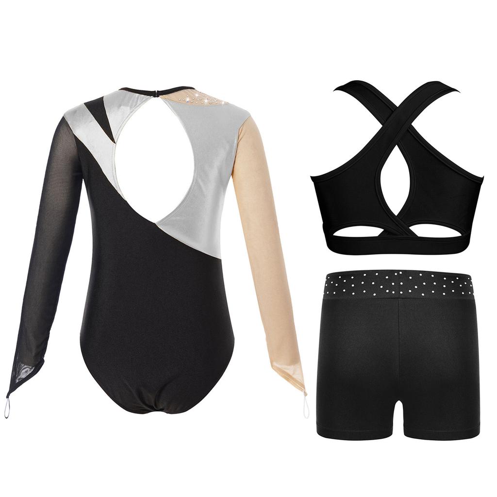 Girls Dance Performance Set Mesh Long Sleeve Leotard Keyhole Back Contrast Color Metallic Vest Shorts