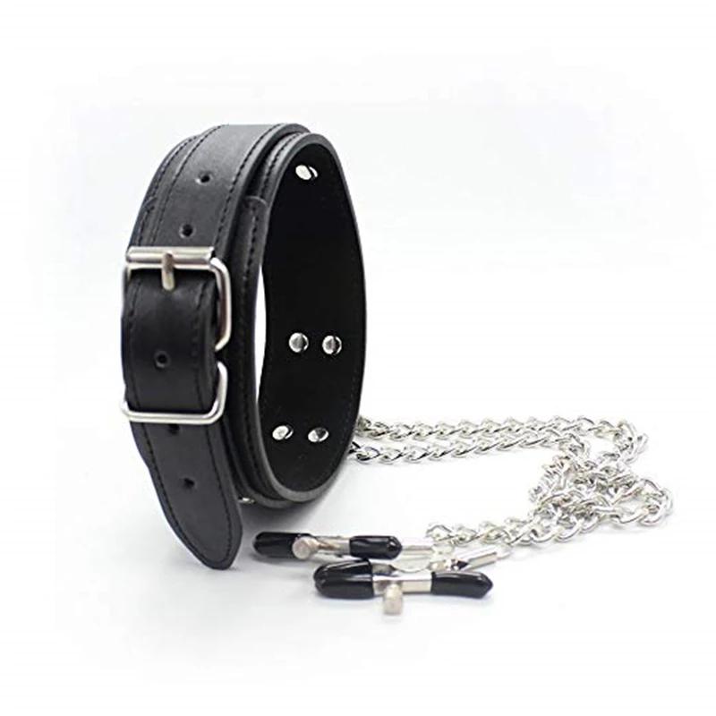 Faux Leather Choker Collar with Nipple Breast Clamp Clip Chain Couple Funny and Interesting Adult Games SM Sex Toys for
