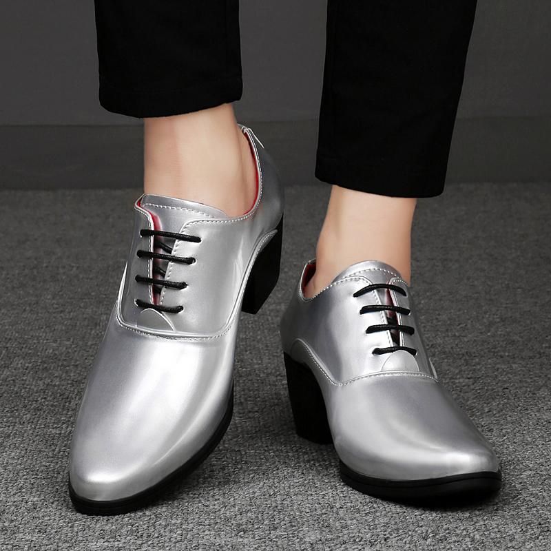 Men High Heels Silver Derby Wedding Dress Dance Business Gold Elevator Shoes Height Increase Tuxedo Prom Blazers Shoes Plus Size