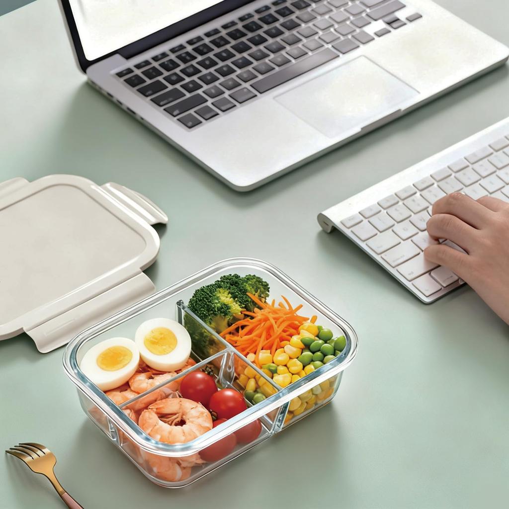 Glass Lunch 3 Airtight Storage Container Microwave and Oven Safe Rectangular for Meal Lunch Beige Lid JXN-Yun Heat-Resistant Box, 960ml, Compartments,