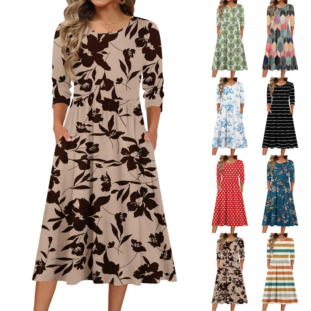Rochie de damă cu mâneci 3/4, casual, fluidă, în A, midi, tip tricou, cu buzunare, cu gât rotund, pentru vacanță, boho, de plajă, de vară