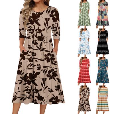 3/4 Sleeve Women's Dress Casual Flowy A-Line Midi Tshirt Dresses With Pockets Crewneck Vocation Boho Beach Sundress