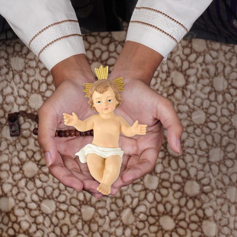 Baby Jesus Doll Statue Holy Infant with Crucifix Ornament Religious Jesus Figurine Home Church Christmas Craft Decoration Gift