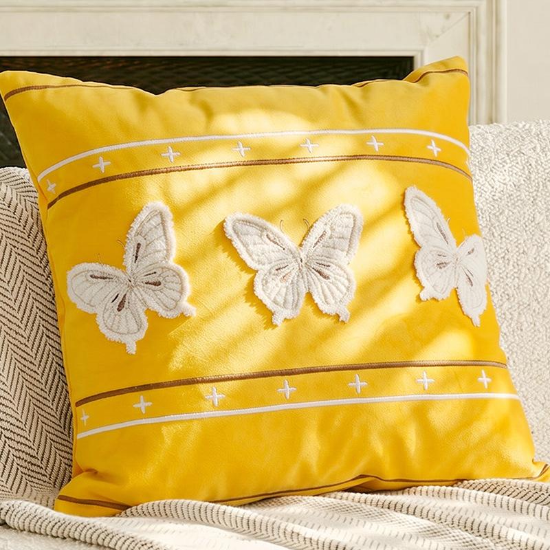 Embroidered Cushion Cover Yellow Butterfly Decorative Pillows for Sofa,45x45 Summer Pillowcase with Flowers for Backrest Support