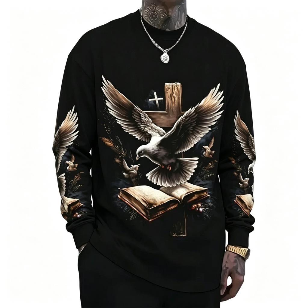 Men's Long Sleeve T-Shirt Bald Eagle Forest Moon 3D Print Casual Outdoor Streetwear Crew Neck Top