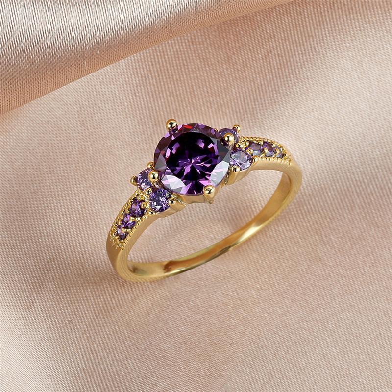 Vintage Female Purple Crystal Stone Charm Gold Color Thin Wedding Jewelry For Women Luxury Round Zircon Engagement Ring