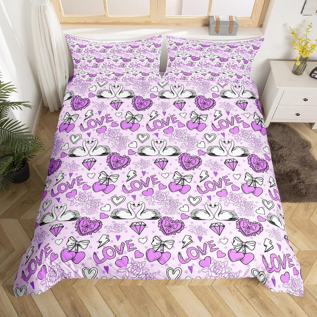 Happy Valentine'S Day Duvet Cover Pink Red Heart Mystery Starry Sky Bedding Set Romantic Love Pattern Black Galaxy Quilt Cover
