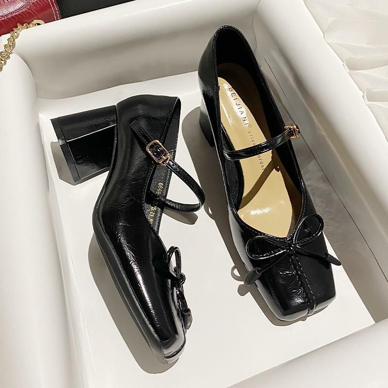 Fashion NEW Temperament Sweet Bow Square Head Shoes Women's Pumps Autumn Sheepskin Shallow Mouth Thick Heel Shoes Fashion Comfort Casual