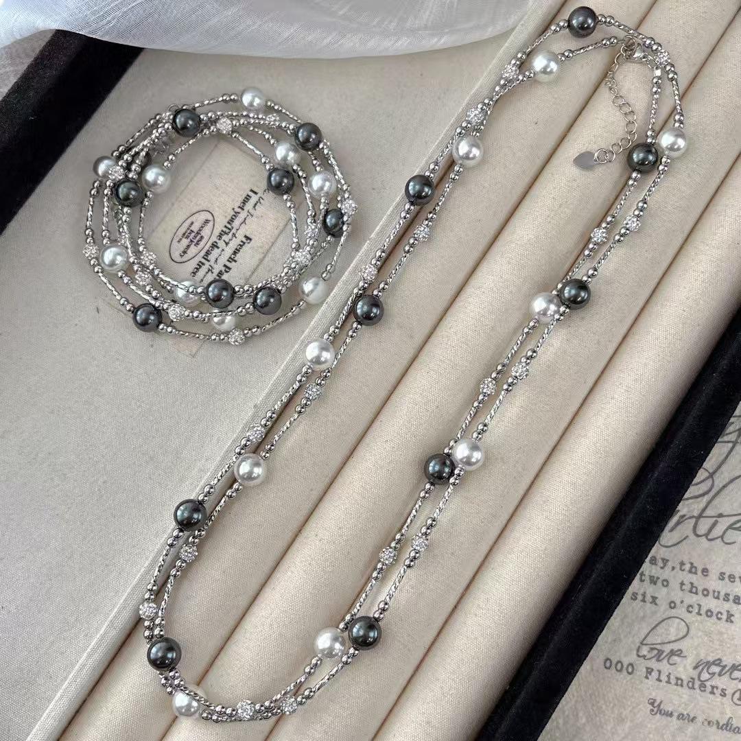 

Vintage Dark Night Black Cold White Faux Pearl Sweater Chain Necklace Collarbone Chain