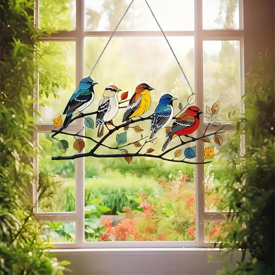 Yousheng Colorful Birds Sun Catcher Acrylic Hanging Ornament Stained Glass Style Suncatcher Bird Lovers Gift for Home Window Decor Garden Porch
