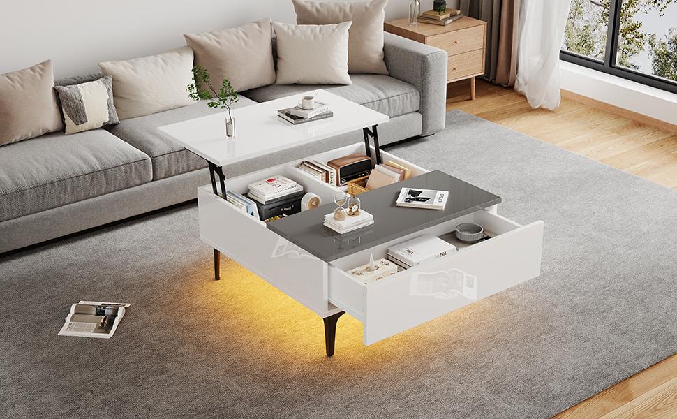 Tavolino Regolabile in Altezza 70*70*35cm con Contenitore Nascosto, Tavolo Bianco Lucido per Soggiorno, Scrivania con LED, Tavolino da Divano con Cassetti
