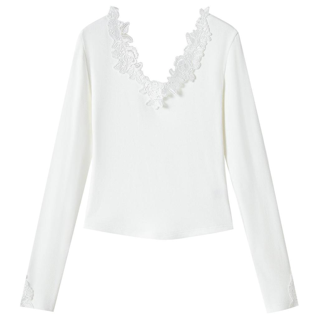 Dámské bavlněné tričko s V-výstřihem a dlouhým rukávem z francouzské krajky - Slim Fit pro jaro/podzim 2026