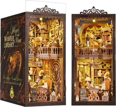 Book Nook DIY Kit Miniature Library Model Bookshelf Decorative Wooden Assembly Kit LED Lights and Dust - (Includes Cover) "Wonder Library"