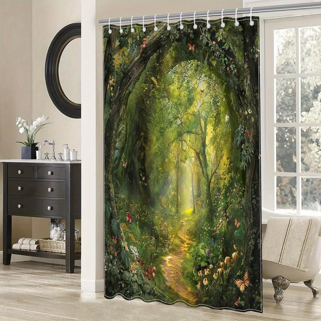 Enchanted Forest Path Bath Curtain - Sunlit Trail & Butterflies, Waterproof Home Decor Adds Magic To Your Bathroom